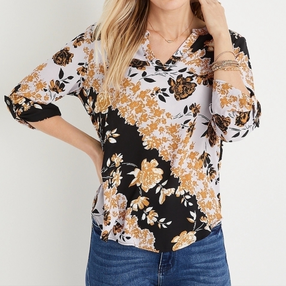 Maurices Atwood Black Floral Popver Blouse - XS